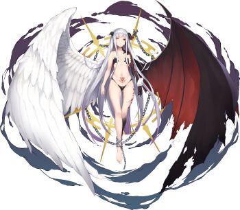 1girl arms_at_sides asymmetrical_wings bat_wings breasts chain closed_mouth demon_wings feathered_wings flying gluteal_fold heterochromia highleg highres horns lily_(sennen_sensou_aigis) long_hair looking_at_viewer mismatched_wings nanahara_fuyuki navel official_art pubic_tattoo red_eyes sennen_sensou_aigis small_breasts solo tattoo transparent_background white_hair wings yellow_eyes