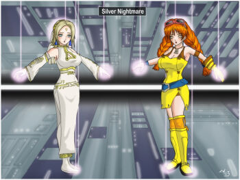 2girls aika_(eternal_arcadia) bare_shoulders blonde_hair blush body_control breasts cleavage commentary earrings empty_eyes english_commentary english_text eternal_arcadia eyewear_on_head fina_(eternal_arcadia) gloves glowing glowing_eyes green_eyes jewelry large_breasts mind_control multiple_girls open_mouth orange_hair parted_lips puppet puppet_strings silver_nightmare sunglasses thighs trishbot yellow_eyes