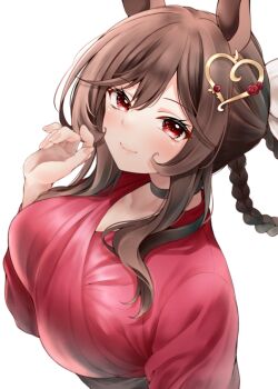 Rule 34 | 1girl, animal ears, blush, braid, braided hair rings, breasts, brown hair, closed mouth, commentary request, gentildonna (umamusume), hair ornament, hair rings, heart, heart hair ornament, horse ears, horse girl, japanese clothes, kimono, large breasts, long hair, looking at viewer, red eyes, red hayao, red kimono, sidelocks, simple background, smile, solo, umamusume, upper body, white background