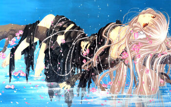 00s 1girl barefoot black_dress chii chobits clamp clamp_(circle) dress entangled feet female_focus freya freya_(chobits) full_body hair_spread_out highres in_tree long_hair lying official_art official_wallpaper plantar_flexion soles solo spoilers tree water wet