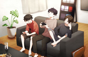 3boys absurdres barefoot black_eyes black_hair black_shirt black_shorts blurry blurry_background bookshelf brown_hair brown_pants brown_shirt commentary_request concentrating controller couch curtains depth_of_field elbow_rest etri_(0o0oo) film_grain food full_body game_controller glass grey_pants hand_on_own_face hand_rest hand_up highres holding holding_controller holding_game_controller indoors living_room long_sleeves male_focus multiple_boys on_couch original pants plant plate playing_games potted_plant red_shirt shirt short_hair short_sleeves shorts sitting slice_of_life smile smug sweat t-shirt table wooden_floor