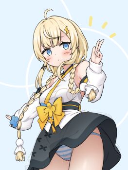 1girl :&lt; ahoge backless_kimono bare_shoulders black_skirt blonde_hair blue_background blue_bow blue_eyes blush bow braid breasts cowboy_shot detached_sleeves from_below hair_ornament hair_over_shoulder hakama hakama_skirt headset highres japanese_clothes kadou_mikaru kimono large_breasts lightning_bolt lightning_bolt_hair_ornament lightning_bolt_symbol long_sleeves looking_at_viewer low_twin_braids miniskirt nijisanji no_headwear no_horns no_jacket notice_lines obi obi_bow obijime panties pantyshot puffy_long_sleeves puffy_sleeves ria_aerial sash see-through_clothes sidelocks simple_background skirt solo striped_clothes striped_panties teruterubouzu twin_braids underwear virtual_youtuber w white_kimono wind wind_lift x_hair_ornament yellow_bow