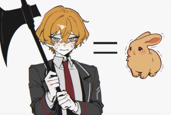 1boy black_suit blonde_hair collared_shirt crying formal_clothes halberd hand_up highres holding holding_polearm holding_weapon limbus_company looking_at_viewer male_focus necktie past_desiderium polearm project_moon rabbit red_necktie shirt short_hair simple_background sinclair_(project_moon) solo streaming_tears suit suspenders tears upper_body weapon white_background white_shirt yellow_eyes