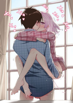 1boy 1girl absurdres aijou_rentarou barefoot blue_shirt blush bottomless brown_hair commentary couple curtains hair_down heart heart-shaped_pupils hetero highres hug indoors kimi_no_koto_ga_dai_dai_dai_dai_daisuki_na_100-nin_no_kanojo kiss leg_lock long_sleeves matching_hair/eyes medium_hair momi_momiji morning petite pink_eyes pink_hair pink_shirt plaid_clothes plaid_shirt saliva sex shashadog18 shirt suspended_congress symbol-shaped_pupils testicles unmoving_pattern variant_set window