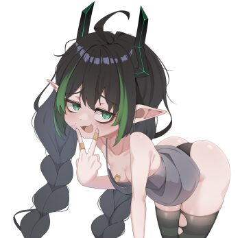 1girl ahoge ass bandaid bandaid_on_finger bandaid_on_hand bandaids_on_nipples bent_over black_hair black_horns black_panties black_thighhighs braid breasts camisole cleavage collarbone cowboy_shot double-parted_bangs elf elfinpsyop green_eyes green_streaks grey_camisole hakimen hand_up highres horns indie_virtual_youtuber loli long_hair looking_at_viewer multicolored_hair open_mouth panties pasties petite pointy_ears raised_inner_eyebrows second-party_source simple_background small_breasts smile smug solo streaked_hair striped_clothes striped_thighhighs thighhighs twin_braids underwear v v_over_mouth virtual_youtuber white_background