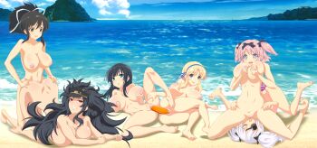 6+girls :d absurdres ahoge ass asuka_(senran_kagura) batouwh beach black_hair blonde_hair blue_eyes blush bow breasts cleft_of_venus closed_eyes cloud collarbone commentary completely_nude cunnilingus daidouji_(senran_kagura) day dildo doggystyle english_commentary eyepatch feet flower-shaped_pupils grabbing_own_breast green_eyes grin group_sex hair_bow hair_ribbon harbor hat hibari_(senran_kagura) highres ikaruga_(senran_kagura) island katsuragi_(senran_kagura) large_breasts long_hair medium_hair mole mole_under_eye multicolored_eyes multiple_girls navel nipples nude object_insertion ocean open_mouth oral orgy outdoors pink_hair ponytail pussy red_eyes ribbon senran_kagura sex sex_from_behind sex_toy shared_object_insertion shuriken_hair_ornament silver_hair sky smile soles strap-on symbol-shaped_pupils teeth thigh_grab toes tongue twintails uncensored vaginal vaginal_object_insertion yagyu_(senran_kagura) yellow_eyes yuri
