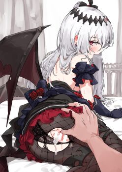 1boy 1girl absurdres after_vaginal aftersex bar_censor bare_shoulders bat_wings bed_sheet black_bow black_dress black_gloves black_panties black_pantyhose blush bow breasts censored commission cum cum_in_pussy cumdrip curtains demon_girl dress fang fishnet_pantyhose fishnets flower frilled_dress frills gloves grabbing_another&#039;s_ass groping hair_ornament highres kusugi_tai long_hair looking_at_viewer looking_back mare_(ac8231) on_bed original panties pantyhose psd_available red_eyes red_flower red_rose rose skeb_commission solo_focus sweat torn_clothes torn_pantyhose underwear white_hair wings