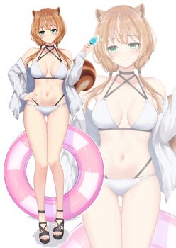 1girl absurdres animal_ears ayunda_risu bare_shoulders bikini brown_hair brown_tail devonmeza404 food full_body green_eyes highres holding holding_food holding_popsicle hololive hololive_indonesia jacket navel off_shoulder open_clothes open_jacket popsicle simple_background solo_focus squirrel_ears squirrel_girl squirrel_tail swim_ring swimsuit tail virtual_youtuber white_background white_bikini white_jacket zoom_layer