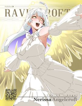 1girl alternate_color alternate_costume alternate_eye_color alternate_form alternate_hair_color alternate_hairstyle angel armpits bow breasts commentary detached_sleeves dress english_commentary english_text frilled_dress frilled_sleeves frills halo highres hololive hololive_english joeboto large_breasts mole mole_under_eye nerissa_ravencroft solo upper_body white_dress yellow_wings