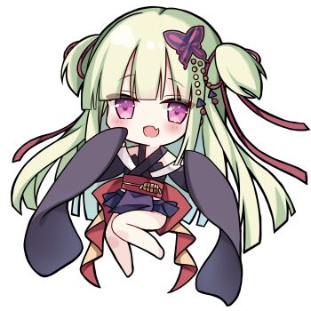 Rule 34 | 1girl, :d, absurdres, akino (chikarrr), bare legs, bare shoulders, barefoot, black kimono, black skirt, blunt bangs, blunt ends, blush, butterfly hair ornament, chibi, chibi only, commentary request, criss-cross halter, fang, full body, green hair, hair ornament, hair ribbon, halterneck, hands up, highres, hime cut, invisible chair, japanese clothes, kimono, knees together feet apart, long hair, long ribbon, looking at viewer, miniskirt, murasame (senren), open mouth, pleated skirt, red eyes, red ribbon, red sash, ribbon, sash, senren banka, sidelocks, simple background, sitting, skin fang, skirt, sleeves past fingers, sleeves past wrists, smile, solo, straight hair, very long hair, white background, wide sleeves