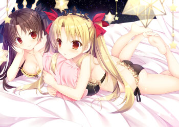 2girls ass black_bra black_hair black_panties black_ribbon black_tiara blonde_hair bra breasts check_commentary collarbone commentary_request ereshkigal_(fate) fate/grand_order fate_(series) hair_ribbon holding holding_pillow ishtar_(fate) large_breasts licoco long_hair lying medium_breasts multiple_girls on_bed on_stomach panties pillow pink_pillow red_eyes red_ribbon ribbon star_(sky) star_(symbol) starry_sky_background tiara tress_ribbon twintails underwear white_bra white_tiara
