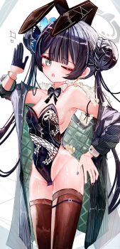 1girl a1u absurdres alternate_costume animal_ear_hairband animal_ears black_bow black_bowtie black_coat black_gloves black_hair black_leotard black_nails black_thighhighs blue_archive blue_butterfly bow bowtie braid breasts bug bun_with_braided_base butterfly coat commentary cowboy_shot detached_collar double_bun dragon_print fake_animal_ears fake_tail gloves grey_eyes grey_halo hair_bun hairband half_gloves halo hand_up highleg highleg_leotard highres insect kisaki_(blue_archive) leotard long_hair looking_at_viewer md5_mismatch nail_polish one_eye_closed open_mouth playboy_bunny rabbit_ear_hairband rabbit_ears rabbit_tail small_breasts solo strapless strapless_leotard striped_coat tail thighhighs twintails vertical-striped_coat very_long_hair