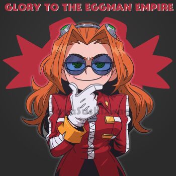 Rule 34 | 1girl, blue-tinted eyewear, blush stickers, breasts, character name, commentary, cowboy shot, dr. eggman, eggma'am, english commentary, english text, genderswap, genderswap (mtf), gloves, green eyes, hand on own chin, highres, jacket, long hair, looking at viewer, medium breasts, orange hair, red jacket, round eyewear, sayasushiswag, simple background, smile, smug, solo, sonic (series), standing, sunglasses, tinted eyewear, very long hair, watermark, white gloves, zipper