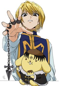 1boy :3 beret black_eyes black_hair black_jacket blonde_hair brown_eyes chain chrollo_lucilfer chrollo_lucilfer_(cosplay) cosplay crossover dog facial_mark food forehead_mark hand_chains hat highres holding holding_food holding_spoon hunter_x_hunter jacket kurapika long_sleeves male_focus open_mouth pompompurin pudding re_tae44 sanrio shirt short_hair simple_background sitting smile spoon sweatdrop tabard white_background white_shirt yellow_dog