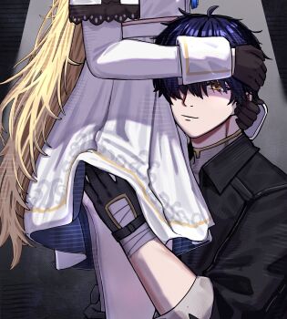 1boy 1girl 2na_(blue2na) absurdres black_gloves black_hair black_jacket blonde_hair closed_mouth commentary english_commentary gloves head_hug high-waist_skirt highres jacket long_hair long_sleeves looking_at_viewer male_rover_(wuthering_waves) one_eye_covered panties panty_peek pantyhose partially_shaded_face phoebe_(wuthering_waves) rover_(wuthering_waves) shirt skirt smirk underwear very_long_hair white_panties white_pantyhose white_shirt white_skirt wuthering_waves yellow_eyes