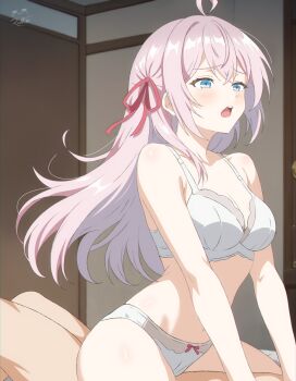 1boy 1girl absurdres ahoge alisa_mikhailovna_kujou blue_eyes bow bow_panties bra breasts cleavage cowgirl_position girl_on_top hair_ribbon head_out_of_frame hetero highres implied_sex indoors medium_breasts open_mouth panties red_ribbon ribbon rikka_(rikkaarts) signature solo_focus straddling teeth tokidoki_bosotto_roshia-go_de_dereru_tonari_no_alya-san underwear underwear_only upper_teeth_only white_bra white_hair white_panties