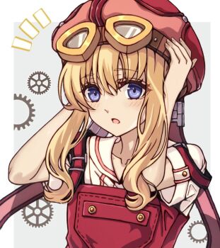 1girl blonde_hair blue_eyes blush commentary_request eiyuu_densetsu goggles goggles_on_head goggles_on_headwear hair_between_eyes naked_shirt open_mouth overalls red_overalls shirt simple_background sora_no_kiseki tita_russell tool_belt toolbox tools yukiko_(leovioykk)
