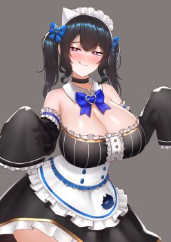1girl absurdres adversarial_noise alternate_breast_size_(larger) alternate_costume alternate_form apron bare_shoulders black_hair black_sleeves blue_hair blush breasts cipher4109 colored_inner_hair commentary cosplay cowboy_shot detached_sleeves dress english_commentary frills ghost_girl ghost_tail highres hololive hololive_english huge_breasts indie_virtual_youtuber long_hair long_sleeves looking_at_viewer maid maid_apron maid_headdress mint_fantome mint_fantome_(cosplay) mole mole_under_eye multicolored_hair nerissa_ravencroft open_mouth red_eyes smile solo tongue tongue_out two-tone_hair very_long_hair virtual_youtuber white_apron
