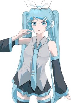 Rule 34 | 1girl, aqua eyes, aqua hair, aqua necktie, bare shoulders, black skirt, bow, bow hairband, detached sleeves, grey shirt, hair ornament, hairband, hairclip, hashtag-only commentary, hatsune miku, headset, highres, long hair, looking at viewer, magu ne2, necktie, parallel hairclips, pleated skirt, shirt, simple background, skirt, solo, thighhighs, twintails, vocaloid, white background, white bow, zettai ryouiki