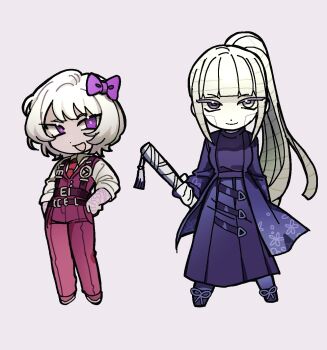 Rule 34 | 2girls, albina (project moon), black hakama, black shirt, blue coat, bow, cable hair, chest harness, closed mouth, coat, colored skin, commentary, cosplay, english commentary, full body, hair bow, hakama, harness, highres, holding, holding sword, holding weapon, japanese clothes, katana, kira (project moon), limbus company, lucio (project moon), lucio (project moon) (cosplay), multiple girls, necktie, open mouth, pants, pink pants, pink vest, project moon, purple bow, purple eyes, red necktie, ren (project moon), ren (project moon) (cosplay), seams, shirt, simple background, smile, sword, twobillionwasps, vest, weapon, white background, white shirt, white skin