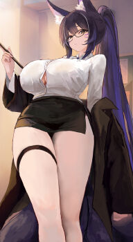 1girl absurdres animal_ear_fluff animal_ears azur_lane black_jacket black_skirt breasts button_gap collared_shirt facial_mark fox_ears fox_tail glasses hair_between_eyes high_ponytail highres holding huge_breasts indoors jacket jacket_partially_removed long_hair long_sleeves looking_at_viewer miniskirt musashi_(azur_lane) off_shoulder ponytail purple_hair shirt side_slit sidelocks skirt solo standing suo_bu_ye_feng tail thick_thighs thigh_strap thighs very_long_hair whisker_markings white_shirt yellow_eyes