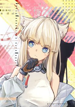 1girl :/ absurdres alternate_breast_size_(larger) animal_ears arknights arknights:_endfield bare_shoulders bird_ears bird_girl black_gloves blue_eyes breasts commentary_request dot_nose dress gloves grey_hair head_tilt highres impossible_clothes impossible_dress jacket large_breasts long_hair looking_to_the_side looking_up miharu_tatsunami multicolored_gloves off_shoulder open_clothes open_jacket orange_gloves perlica_(arknights) shadow sleeveless sleeveless_dress solo thinking two-tone_gloves upper_body white_dress white_jacket yellow_pupils