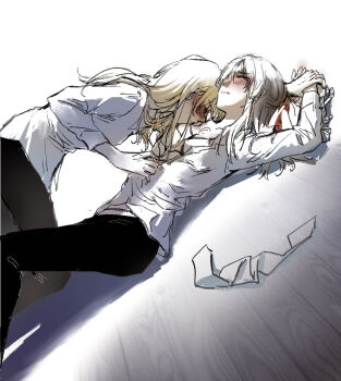 2girls aihara-rina black_pants blonde_hair blush bra bra_pull breast_sucking breasts brown_hair chinese_commentary cleavage closed_eyes clothes_pull commentary_request contemporary hakurei_reimu hand_grab highres kirisame_marisa long_hair long_sleeves multiple_girls pants partially_unbuttoned restrained shirt touhou underwear white_bra white_shirt yuri