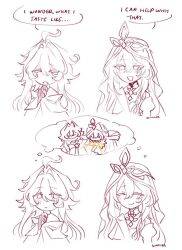 2girls ahoge biting biting_arm blush chibi chibi_only closed_eyes commentary english_commentary genshin_impact hair_between_eyes hood how_i_taste_(meme) long_hair meme messy_hair monochrome multiple_girls naberius_(genshin_impact) open_mouth rhinedottir_(genshin_impact) siwhim smile speech_bubble thinking thought_bubble upper_body veil yellow_blood