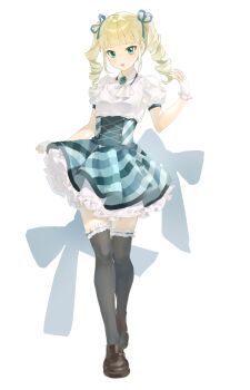 Rule 34 | 1girl, :d, absurdres, aikatsu!, aikatsu! (series), ascot, black thighhighs, blonde hair, blue eyes, blue ribbon, blunt bangs, brooch, brown shoes, chinese commentary, collared shirt, commentary request, drill hair, fingerless gloves, frilled thighhighs, frills, full body, gloves, hair ribbon, hand up, high-waist skirt, highres, jewelry, layered skirt, loafers, looking at viewer, medium hair, miniskirt, open mouth, puffy short sleeves, puffy sleeves, ribbon, shirt, shoes, short sleeves, skirt, smile, solo, standing, striped clothes, striped skirt, thighhighs, todo yurika, twin drills, white ascot, white background, white gloves, white shirt, yehua