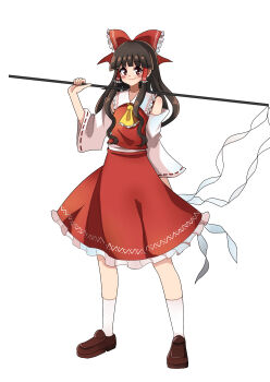 1girl ascot blush bow break~ brown_eyes brown_hair brown_shoes closed_mouth commentary_request detached_sleeves frilled_bow frilled_hair_tubes frills full_body gohei hair_bow hair_tubes hakurei_reimu highres holding holding_gohei loafers long_hair looking_at_viewer red_bow red_skirt ribbon-trimmed_sleeves ribbon_trim shoes simple_background skirt skirt_set smile socks solo touhou unconnected_marketeers white_background white_socks yellow_ascot