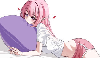 1girl blush breasts commentary crop_top cyrene_(honkai:_star_rail) cyrene_(ripples_of_past_reverie)_(honkai:_star_rail) ddiddo diamond-shaped_pupils diamond_(shape) dolphin_shorts heart highres honkai:_star_rail honkai_(series) long_hair looking_at_viewer medium_breasts navel pillow pink_hair pink_shorts pointy_ears purple_eyes shirt shorts sidelocks simple_background solo stomach symbol-shaped_pupils white_background white_shirt