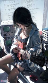 1girl black_choker black_hair book book_stack breasts choker collared_jacket commentary electric_guitar english_commentary from_above guitar gumroad_username highres holding holding_guitar holding_instrument holding_plectrum instrument jacket jewelry long_hair looking_down miniskirt necklace original patreon_username pleated_skirt plectrum sitting skirt small_breasts solo thigh_strap undershirt whiteboard wlop