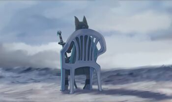 1girl above_clouds absurdres animal_ears artist_name black_hair black_skirt boots braid chair cloud cloudy_sky commentary english_commentary fox_ears fox_girl from_behind full_body gauntlets green_jacket half_up_braid high_heel_boots high_heels highres hoshimi_miyabi jacket long_hair meme monobloc_(chair) obossoss on_chair outdoors sheath sheathed single_gauntlet sitting skirt sky solo sword vergil's_chair_(meme) weapon zenless_zone_zero