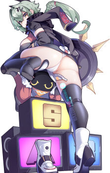 1girl ass bangboo_(zenless_zone_zero) black_jacket black_thighhighs boots breasts caesar_king_(zenless_zone_zero) cameltoe from_behind hair_ornament highres hot_vr jacket large_breasts looking_at_viewer looking_back panties screen shield simple_background solo thighhighs underwear white_background white_boots white_panties yellow_eyes zenless_zone_zero