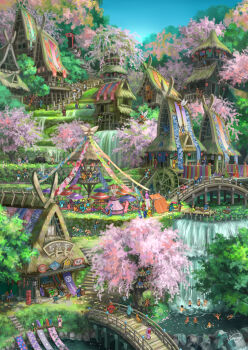 6+boys 6+girls animal arch architecture balcony balloon banner barrel bird blue_sky boat bridge building cherry_blossoms clothesline crowd day fantasy fence festival fish fishing fishing_rod flag flower flying food forest fruit furry grass hat highres holding house lantern laundry market_stall mountain multiple_boys multiple_girls nature old old_woman original outdoors petals pink_flower plant railing river rock scenery shirt sign sitting sky spring_(season) stairs standing string_of_flags tent tree village walking water watercraft waterfall windmill yukoiwase