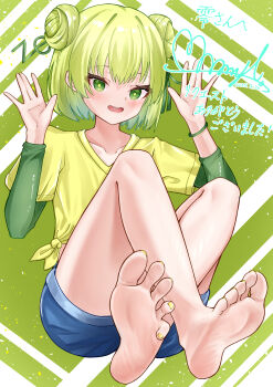 1girl absurdres barefoot blonde_hair blush chrochlomyl double_bun feet green_eyes hair_bun highres indie_virtual_youtuber looking_at_viewer medium_hair open_mouth shorts soles sonoba_shinogi toes