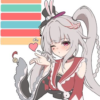 1girl blowing_kiss butterfly-shaped_pupils clothing_cutout commentary_request diamond_(shape) diamond_facial_mark diamond_on_cheek diamond_print facial_mark hat hat_ornament heart heart_facial_mark heart_on_cheek highres honkai:_star_rail honkai_(series) japanese_clothes kimono looking_at_viewer mark_under_both_eyes mini_hat mini_top_hat oimo_imonium one_eye_closed pink_eyes rabbit_ear_headwear rabbit_hat_ornament red_streaks shoulder_cutout simple_background solo sparkle_(honkai:_star_rail) sparxie_(honkai:_star_rail) symbol-shaped_pupils top_hat twintails white_background white_hair