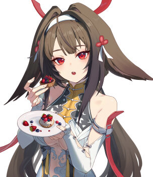 1girl absurdres bare_shoulders blush breasts brown_hair china_dress chinese_clothes dress eating food fruit hair_intakes hair_ornament hairband highres holding holding_food long_hair looking_at_viewer mal_to_mal open_mouth plate red_eyes strawberry very_long_hair white_hairband ye_shunguang zenless_zone_zero