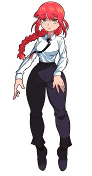 1girl absurdres black_necktie black_pants black_shoes braid braided_ponytail breasts business_suit chainsaw_man collared_shirt commentary english_commentary facing_viewer floating formal_clothes full_body hair_between_eyes high-waist_pants highres levitation light_smile looking_at_viewer makima_(chainsaw_man) mg991998 narrow_waist necktie office_lady open_hands pants red_hair ringed_eyes shirt shirt_tucked_in shoes sidelocks simple_background single_braid solo solo_focus suit white_background wide_hips yellow_eyes