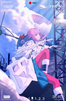 1girl bird blue_sky closed_mouth cloud cloudy_sky coat commentary failan_(gnccj01) fingernails highres holding kaf_(kamitsubaki_studio) kamitsubaki_studio looking_up outdoors pantyhose pink_hair pink_pantyhose recording sidelocks sitting sky smile solo virtual_youtuber white_bird white_coat