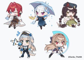 +++ 5girls :d :q ange_katrina ange_katrina_(4th_costume) animal_ears animal_hair_ornament animated animated_gif attack_trail beret bird black_shoes black_skirt blonde_hair blue_dress blue_eyes blue_hair blue_umbrella blush braid brown_hair brown_tail cardigan chibi clawed_boots coat colored_inner_hair colored_tips dog_ears dog_girl dog_tail double-parted_bangs dress eating erlenmeyer_flask flask food furen_e_lustario furen_e_lustario_(1st_costume) green_dress green_eyes grey_background grey_hair grey_hat grey_tail hair_intakes hat heterochromia holding holding_flask holding_food holding_megaphone holding_sword holding_umbrella holding_weapon inui_toko inui_toko_(fall_casual) lab_coat lize_helesta lize_helesta_(10th_costume) long_hair looking_at_object low_frame_rate low_ponytail low_twin_braids medium_hair megaphone multicolored_hair multiple_girls nijisanji one_ear_down open_clothes open_coat open_mouth peaked_cap ponytail purple_eyes rain red_eyes red_hair sebastian_piyodore shioriha_ruri shioriha_ruri_(1st_costume) shoes simple_background sitting skirt smile standing streaked_hair swinging_weapon sword tail tail_wagging th@nk thighhighs tongue tongue_out twin_braids twitter_username two-handed two-tone_hair umbrella very_long_hair virtual_youtuber weapon white_cardigan white_coat white_hair white_hat yellow_bird yellow_eyes