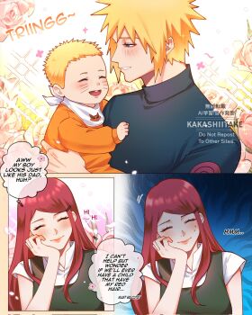 1girl 2boys artist_name baby black_dress black_shirt blonde_hair blush breasts buck_teeth child commentary couple dress english_commentary english_text facial_mark family father_and_son hair_ornament hairclip head_on_hand hetero highres kakashiitake long_hair medium_breasts mother_and_son multiple_boys namikaze_minato naruto_(series) open_mouth orange_shirt parent_and_child red_hair shirt short_hair spiked_hair sweatdrop swept_bangs teeth turtleneck upper_body uzumaki_kushina uzumaki_naruto whisker_markings white_shirt