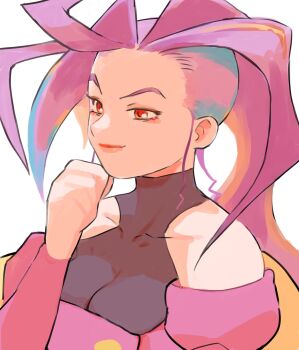 Rule 34 | 1girl, bare shoulders, breasts, closed mouth, commentary request, covered collarbone, gan2, hand up, highres, long hair, medium breasts, pink lips, purple hair, red eyes, rose (street fighter), simple background, smile, solo, street fighter, street fighter zero (series), upper body, white background