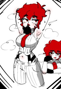 1girl breasts female_focus formal_clothes gloves highres jellot large_breasts leather looking_at_viewer pants red_eyes red_hair shirt short_hair standing the_king_of_fighters thighs vanessa_(kof) white_shirt