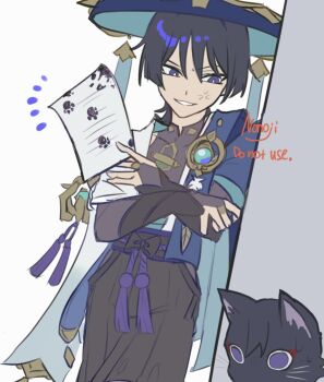 1boy anger_vein animalization annoyed aqua_gemstone armor artist_name asymmetrical_sleeves belt black_belt black_bodysuit black_bow black_bridal_gauntlets black_cat black_hair black_shorts blue_cape blue_hat blue_sleeves blunt_ends bodysuit bow bridal_gauntlets bright_pupils cape cat clothing_cutout covered_collarbone cowboy_shot crossed_arms dutch_angle feathers furisode gem genshin_impact gold gold_ring hakama hakama_shorts hand_on_own_arm hat highres hip_vent holding holding_paper japanese_armor japanese_clothes jingasa kimono kote kurokote looking_at_animal looking_down male_focus mandarin_collar middle_ring mismatched_sleeves multicolored_hair nonoji_(nonoji_ekaki) notice_lines open_mouth paper parted_lips paw_print person_and_animalization pleated_shorts pom_pom_(clothes) purple_eyes purple_hair purple_rope purple_sash rope sash scaramouche_(cat)_(genshin_impact) scaramouche_(genshin_impact) short_sleeves shorts shoulder_peek solo streaked_hair tassel wanderer_(genshin_impact) white_background white_mouth white_pupils white_sleeves wispy_bangs yellow_feathers