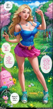 absurdres aqua_shoes aroma_sensei backpack bag bare_shoulders belt blonde_hair blue_eyes blue_shirt blush breasts camisole cleavage collarbone contrapposto english_text forehead forest frilled_shirt frills full_body grass haley_(stardew_valley) hands_up harvey_(stardew_valley) high_tops highres jewelry large_breasts long_hair looking_at_viewer maru_(stardew_valley) midriff_peek miniskirt mole mole_on_breast nature necklace nose outdoors parted_hair penny_(stardew_valley) petals pink_skirt shirt shoes skirt sneakers socks solo_focus speech_bubble standing star_(symbol) stardew_valley wavy_hair white_socks