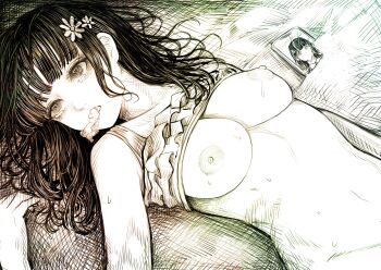 1girl after_fellatio bikini bikini_pull clothes_pull corpse death disorder! flower foam foaming_at_the_mouth frilled_bikini frills hair_flower hair_ornament heart heart-shaped_pupils highres long_hair lying medium_hair navel nipples on_back original phone sidelocks solo stomach swimsuit symbol-shaped_pupils wet