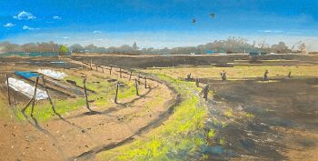 blue_sky cloud commentary_request day field gouache_(medium) no_humans original outdoors painting_(medium) path road scenery simple_bird sky tj_(tenjiku200) traditional_media