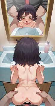 1boy 1girl absurdres age_difference anus ass bar_censor bathroom black_hair blush censored commission hetero highres loli luxuriou_s medium_hair mirror original pov sex sink vaginal yellow_eyes