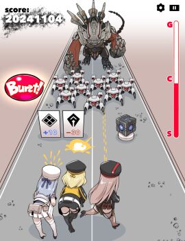 3girls anis_(nikke) bandolier belt belt_pouch beret blonde_hair brown_hair bullpup chatterbox_(nikke) commentary_request counters_(nikke) cropped_jacket double-barreled_shotgun fake_ad fune_(fune83ojj) goddess_of_victory:_nikke grey_hair gun hair_ornament hat highres holding holding_gun holding_weapon jacket long_hair multiple-barrel_gun multiple_girls neon_(nikke) outdoors parody pouch pump-action_shotgun rapi_(nikke) rapture_(nikke) robot short_hair shotgun side-by-side-barreled_shotgun standard_manufacturing_dp-12 swimsuit swimsuit_under_clothes tail_blade thighhighs video_game weapon